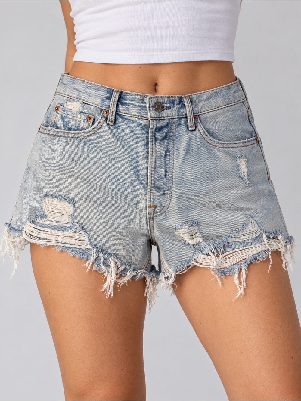GRLFRND Womens Size 26 Light Wash Denim Shorts Distressed Cutoff button fly boho